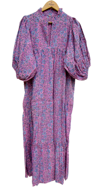 Rose Pink Blue Floral Hand Block Print Cotton Maxi Dress – Boho Tiered Summer Style