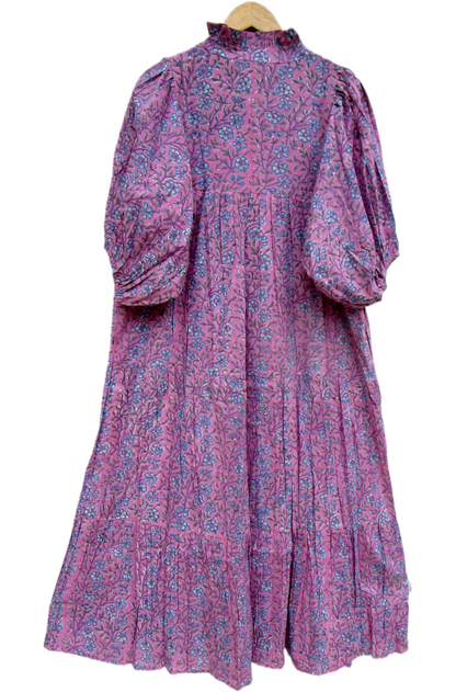 Rose Pink Blue Floral Hand Block Print Cotton Maxi Dress – Boho Tiered Summer Style