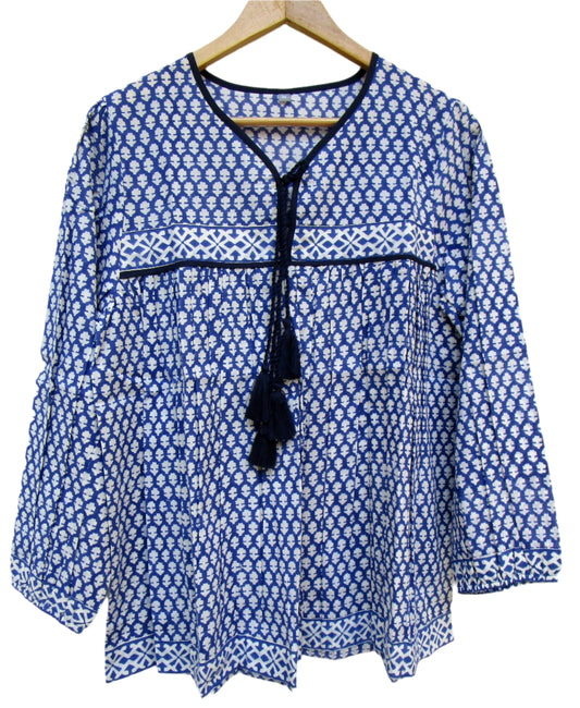 blue and white indian printed blouse for women
