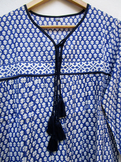blue and white indian printed blouse for women