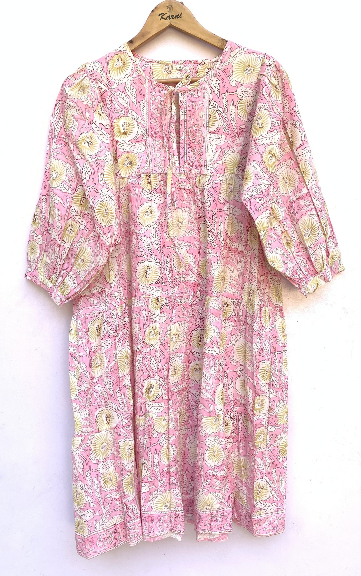 Blush Pink Floral Hand Block Printed Cotton Midi Dress – Boho Indian Dress