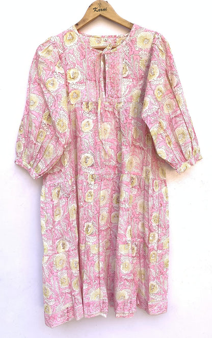 Blush Pink Floral Hand Block Printed Cotton Midi Dress – Boho Indian Dress