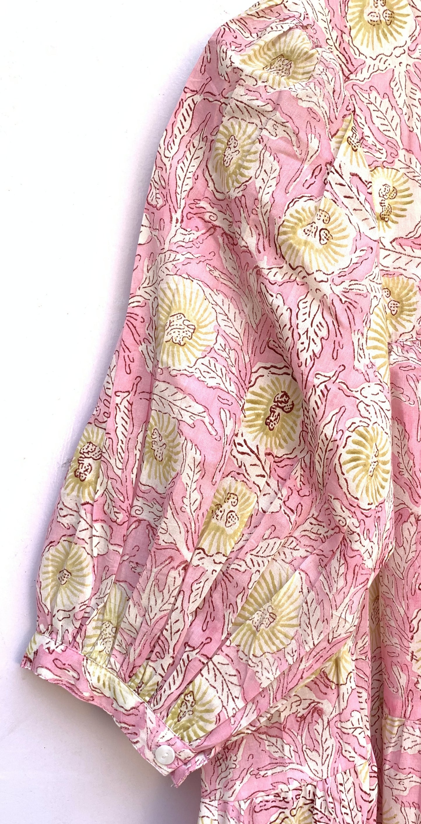 Blush Pink Floral Hand Block Printed Cotton Midi Dress – Boho Indian Dress