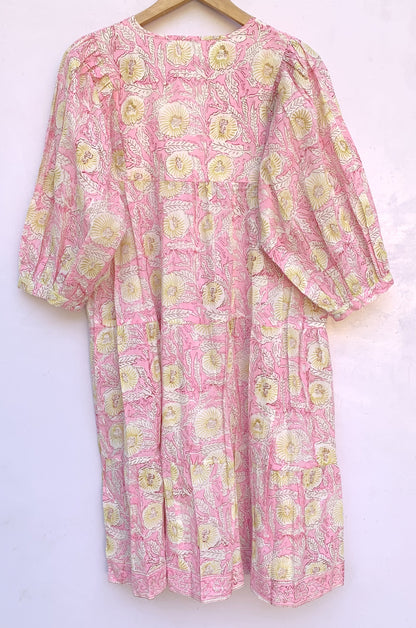 Blush Pink Floral Hand Block Printed Cotton Midi Dress – Boho Indian Dress