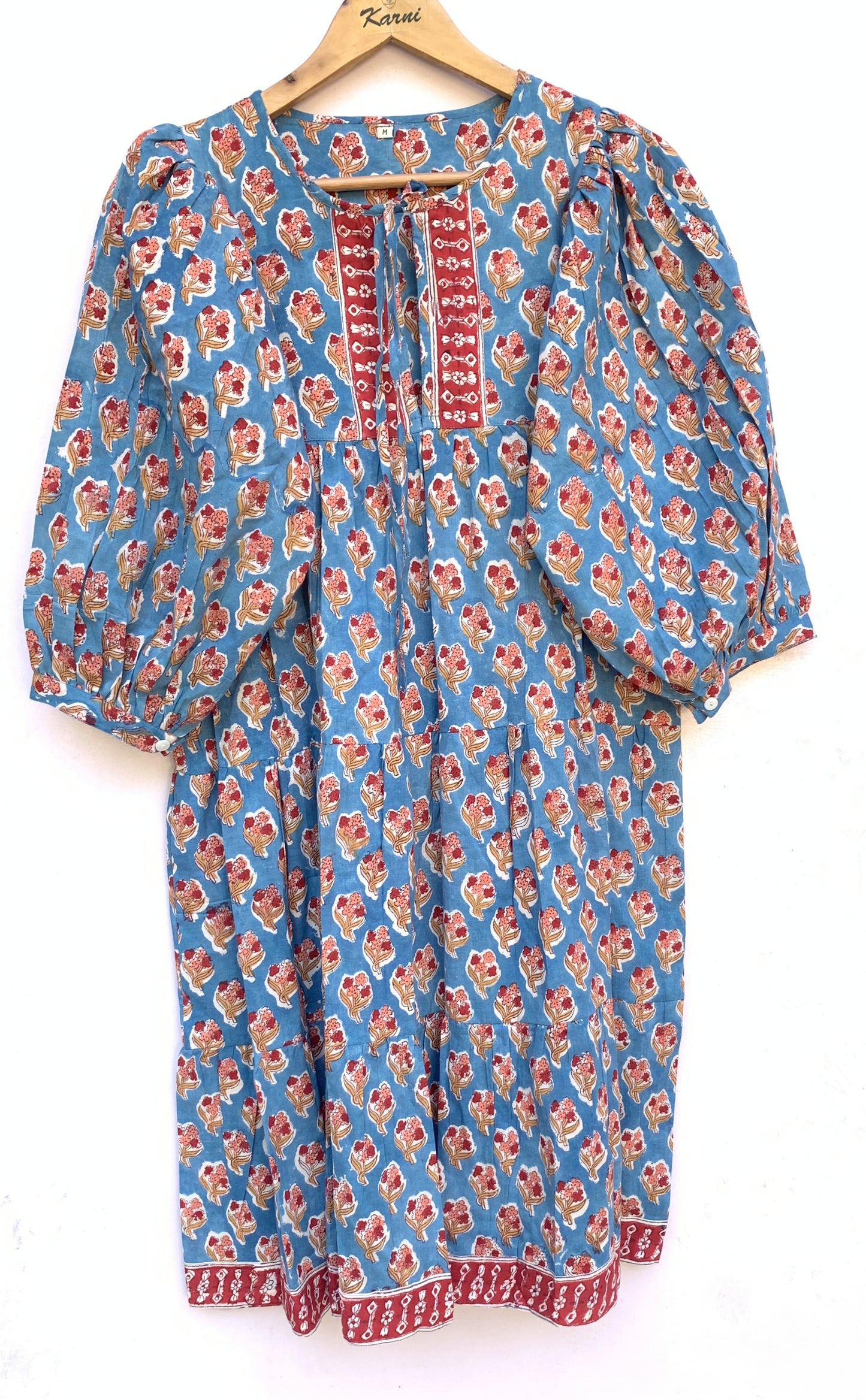 Blue Red Floral Hand Block Printed Cotton Midi Dress – Boho Indian Tiered Dress