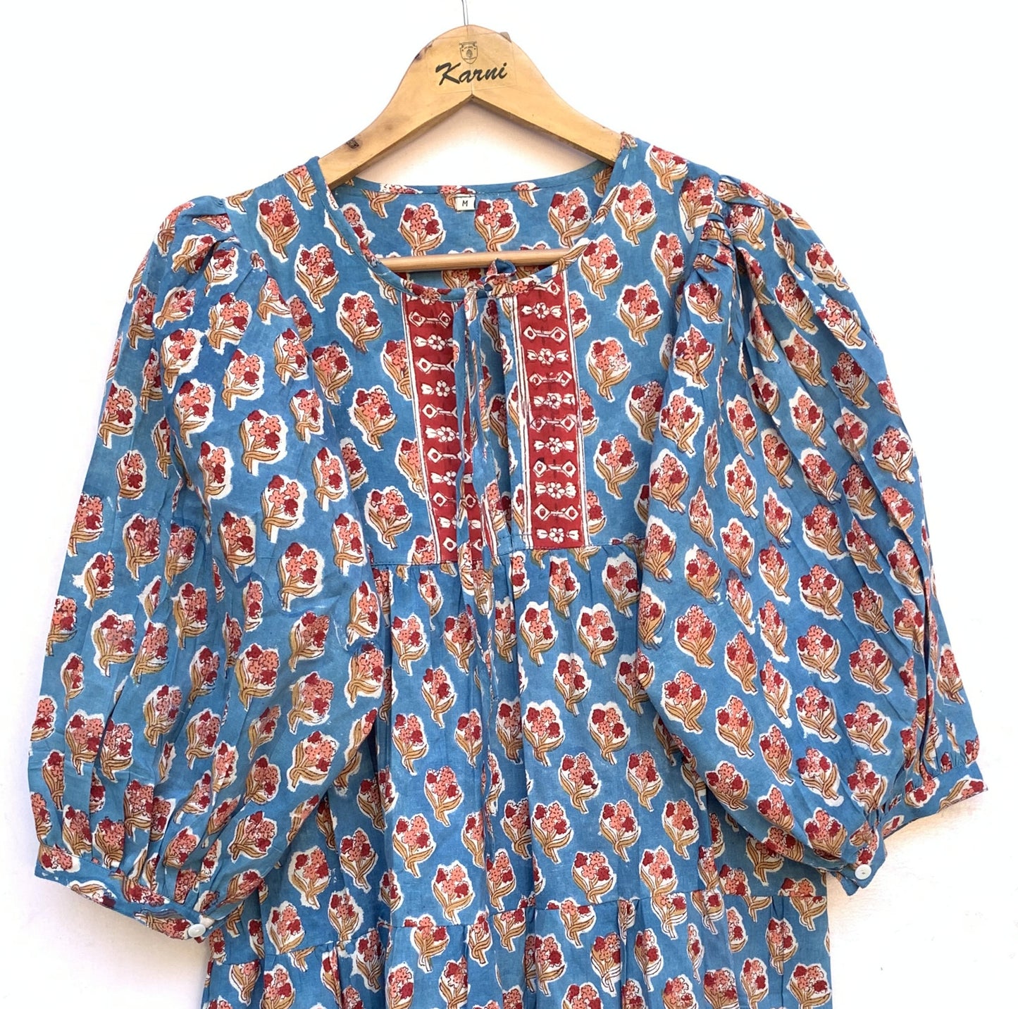 Blue Red Floral Hand Block Printed Cotton Midi Dress – Boho Indian Tiered Dress