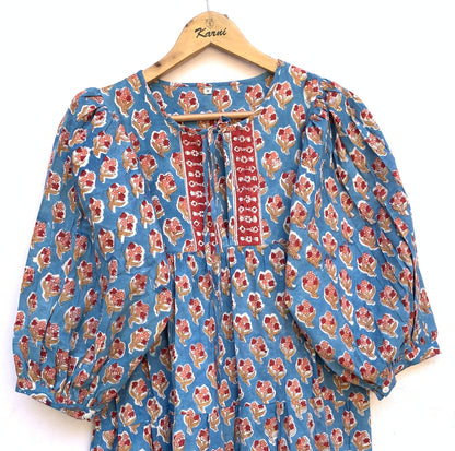 Blue Red Floral Hand Block Printed Cotton Midi Dress – Boho Indian Tiered Dress