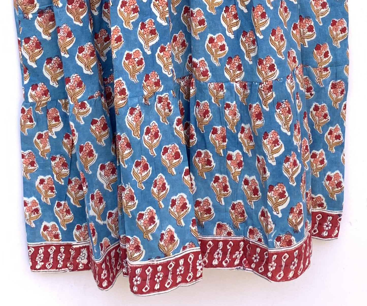 Blue Red Floral Hand Block Printed Cotton Midi Dress – Boho Indian Tiered Dress