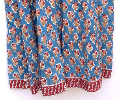 Blue Red Floral Hand Block Printed Cotton Midi Dress – Boho Indian Tiered Dress