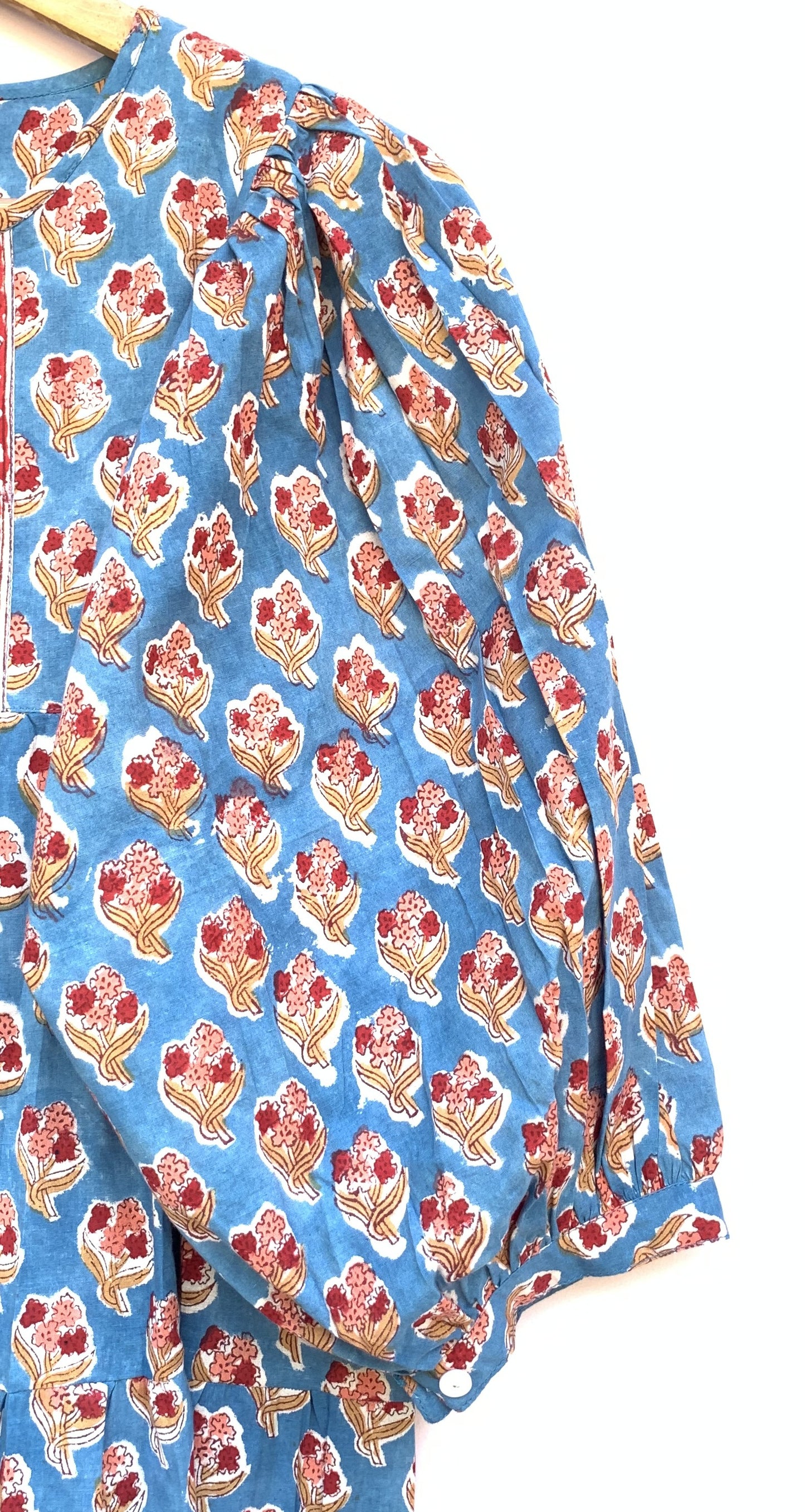 Blue Red Floral Hand Block Printed Cotton Midi Dress – Boho Indian Tiered Dress