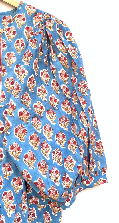 Blue Red Floral Hand Block Printed Cotton Midi Dress – Boho Indian Tiered Dress