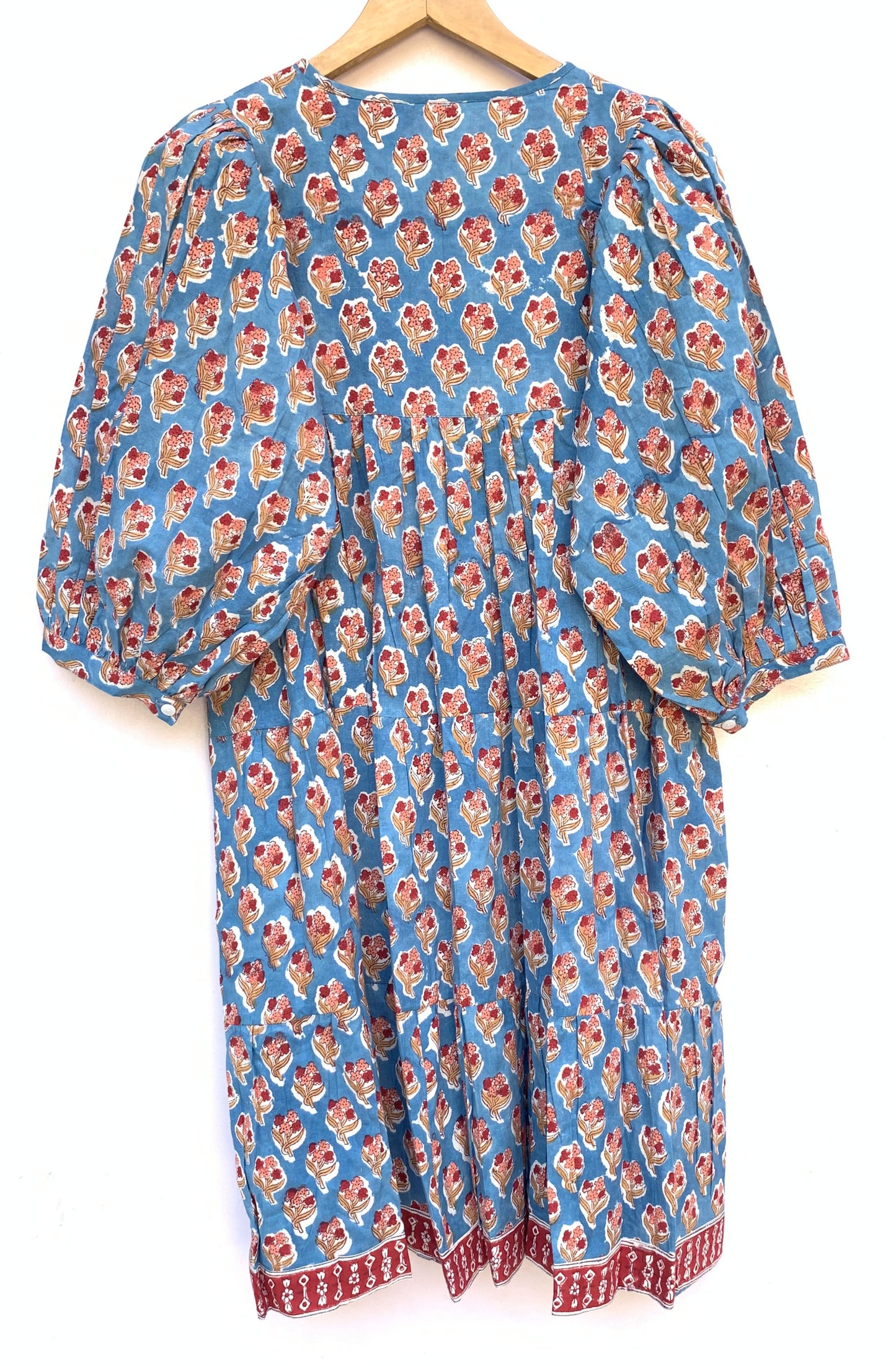 Blue Red Floral Hand Block Printed Cotton Midi Dress – Boho Indian Tiered Dress