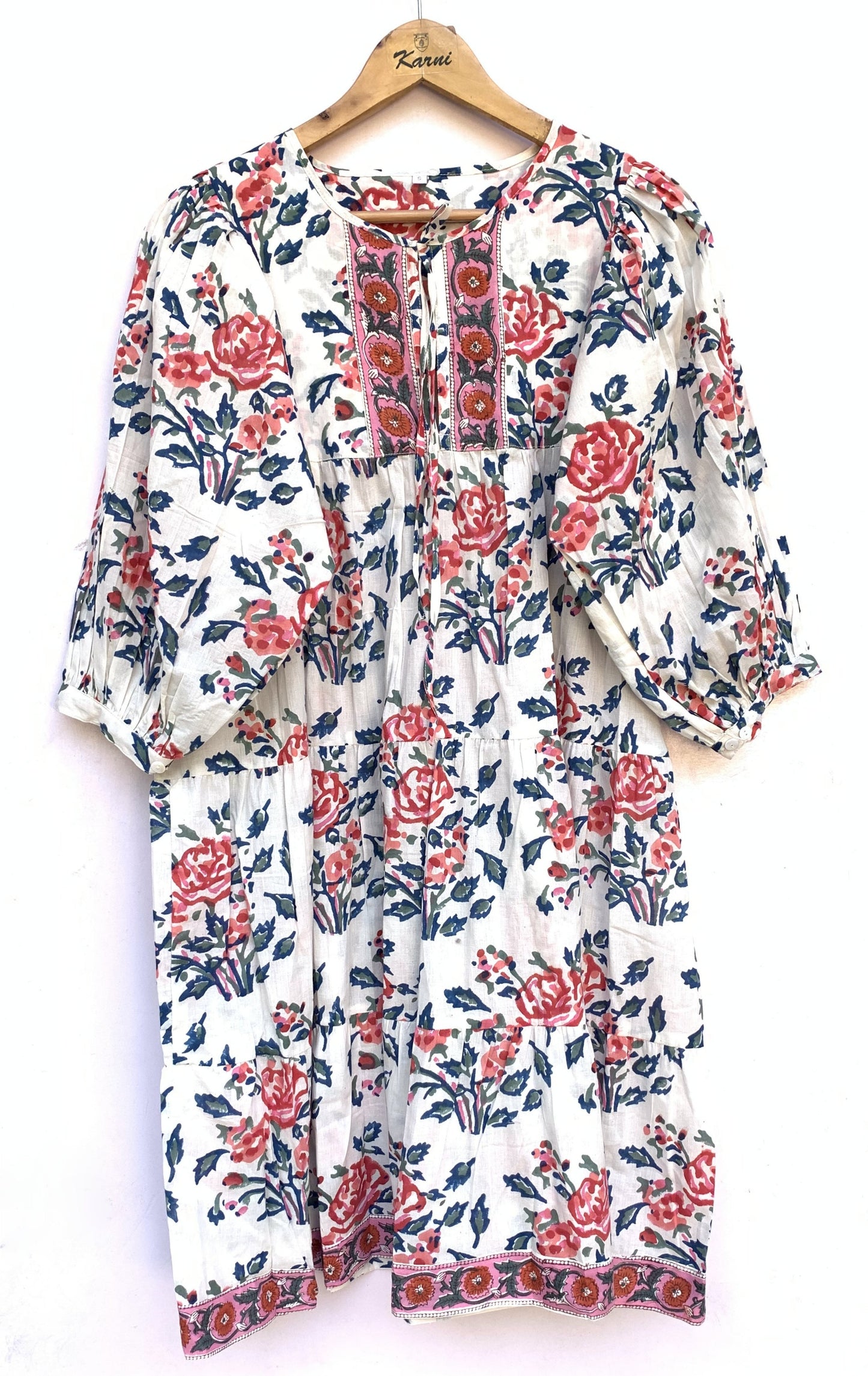 White Floral Hand Block Print Cotton Midi Dress – Pink Blue Boho Dress