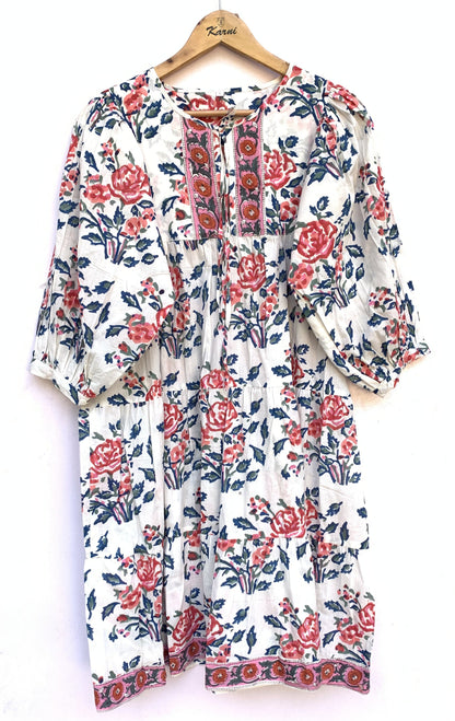 White Floral Hand Block Print Cotton Midi Dress – Pink Blue Boho Dress