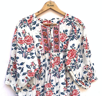 White Floral Hand Block Print Cotton Midi Dress – Pink Blue Boho Dress