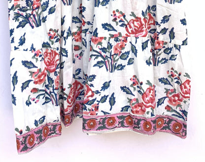 White Floral Hand Block Print Cotton Midi Dress – Pink Blue Boho Dress