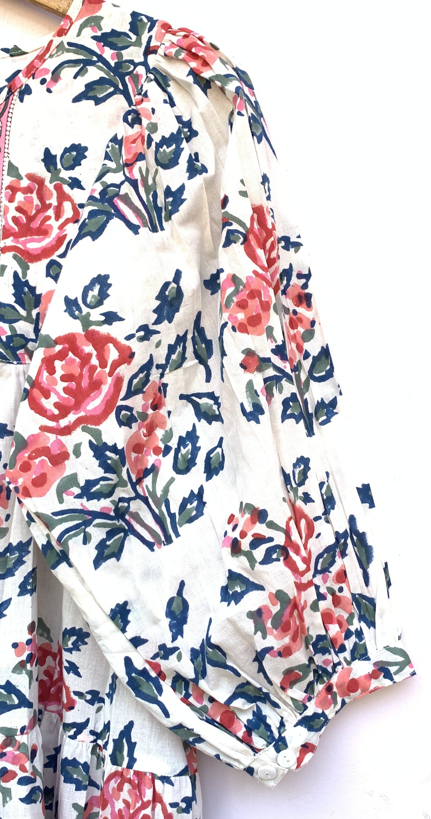 White Floral Hand Block Print Cotton Midi Dress – Pink Blue Boho Dress