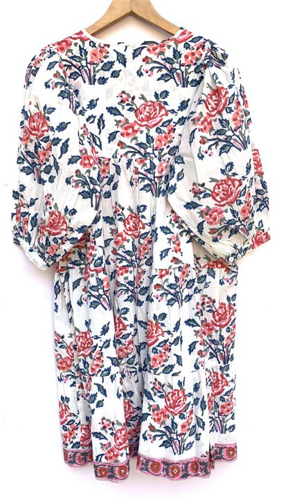 White Floral Hand Block Print Cotton Midi Dress – Pink Blue Boho Dress
