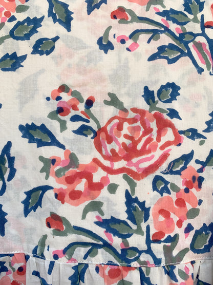 White Floral Hand Block Print Cotton Midi Dress – Pink Blue Boho Dress