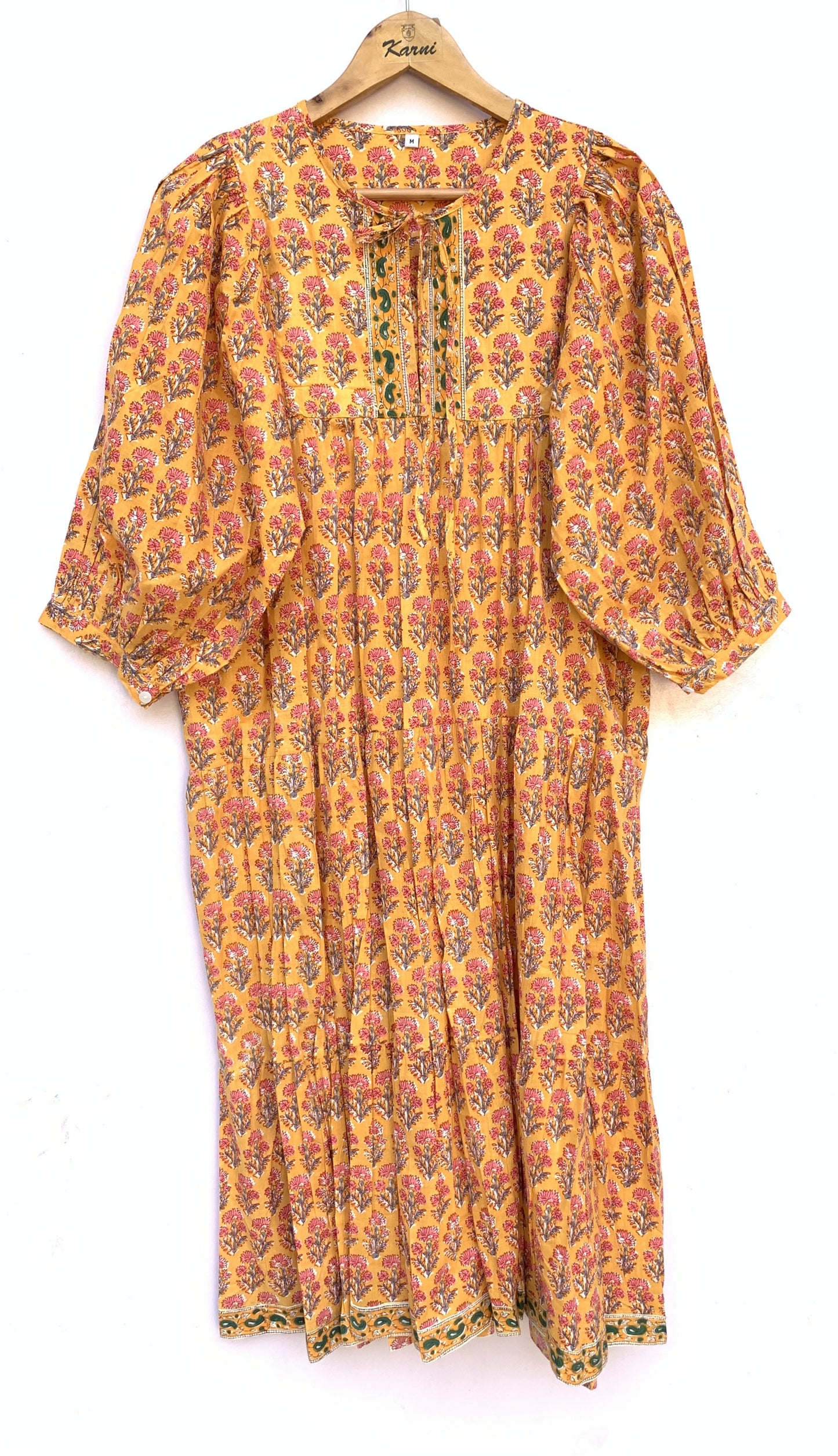 Mustard Yellow Pink Floral Hand Block Printed Cotton Midi Dress – Boho Indian Tiered Dress
