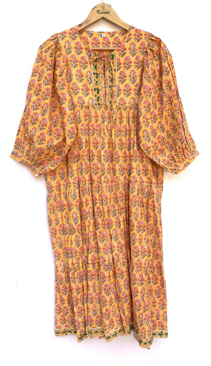 Mustard Yellow Pink Floral Hand Block Printed Cotton Midi Dress – Boho Indian Tiered Dress