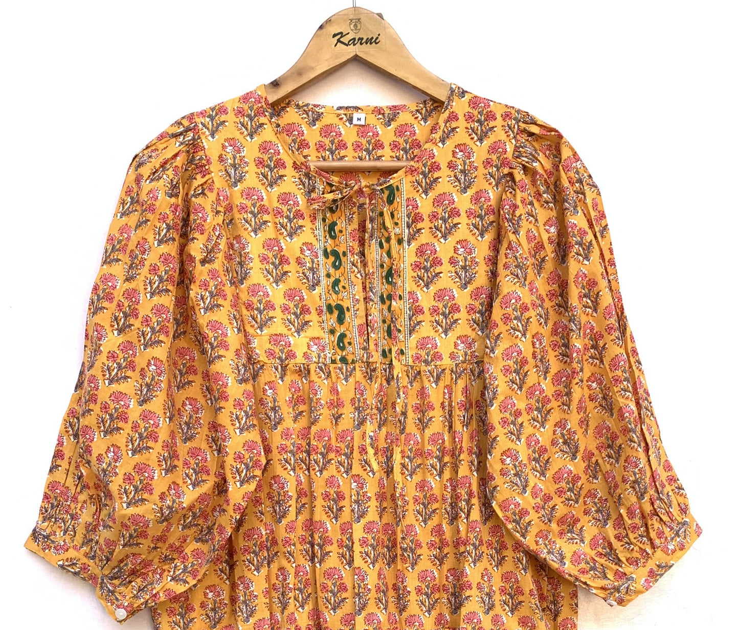 Mustard Yellow Pink Floral Hand Block Printed Cotton Midi Dress – Boho Indian Tiered Dress