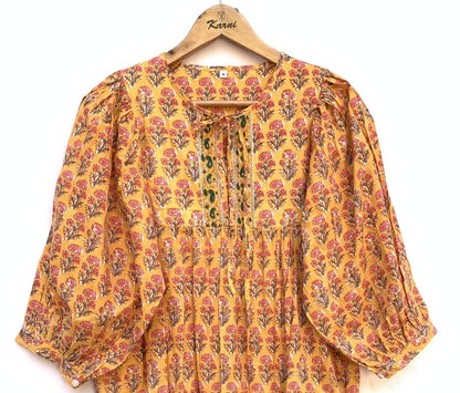 Mustard Yellow Pink Floral Hand Block Printed Cotton Midi Dress – Boho Indian Tiered Dress