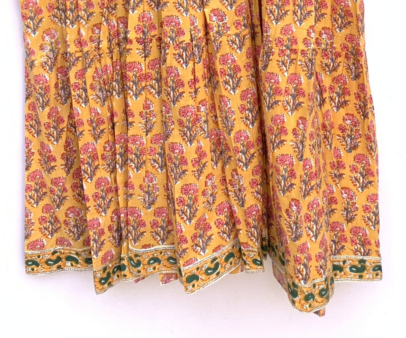 Mustard Yellow Pink Floral Hand Block Printed Cotton Midi Dress – Boho Indian Tiered Dress
