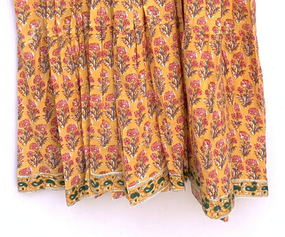 Mustard Yellow Pink Floral Hand Block Printed Cotton Midi Dress – Boho Indian Tiered Dress