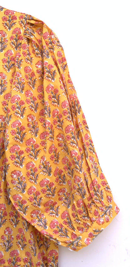 Mustard Yellow Pink Floral Hand Block Printed Cotton Midi Dress – Boho Indian Tiered Dress