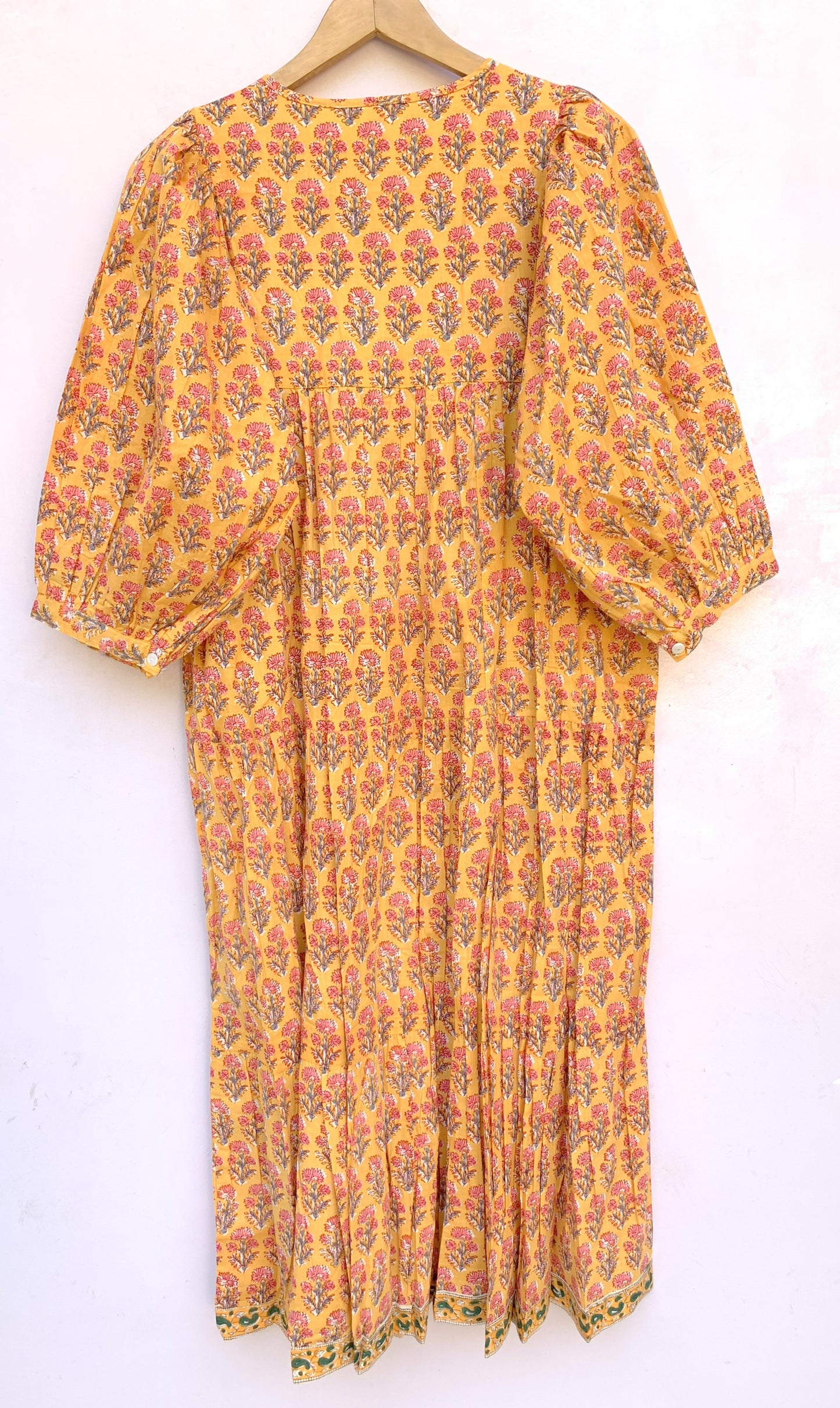 Mustard Yellow Pink Floral Hand Block Printed Cotton Midi Dress – Boho Indian Tiered Dress