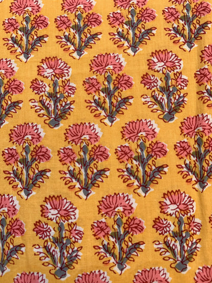 Mustard Yellow Pink Floral Hand Block Printed Cotton Midi Dress – Boho Indian Tiered Dress