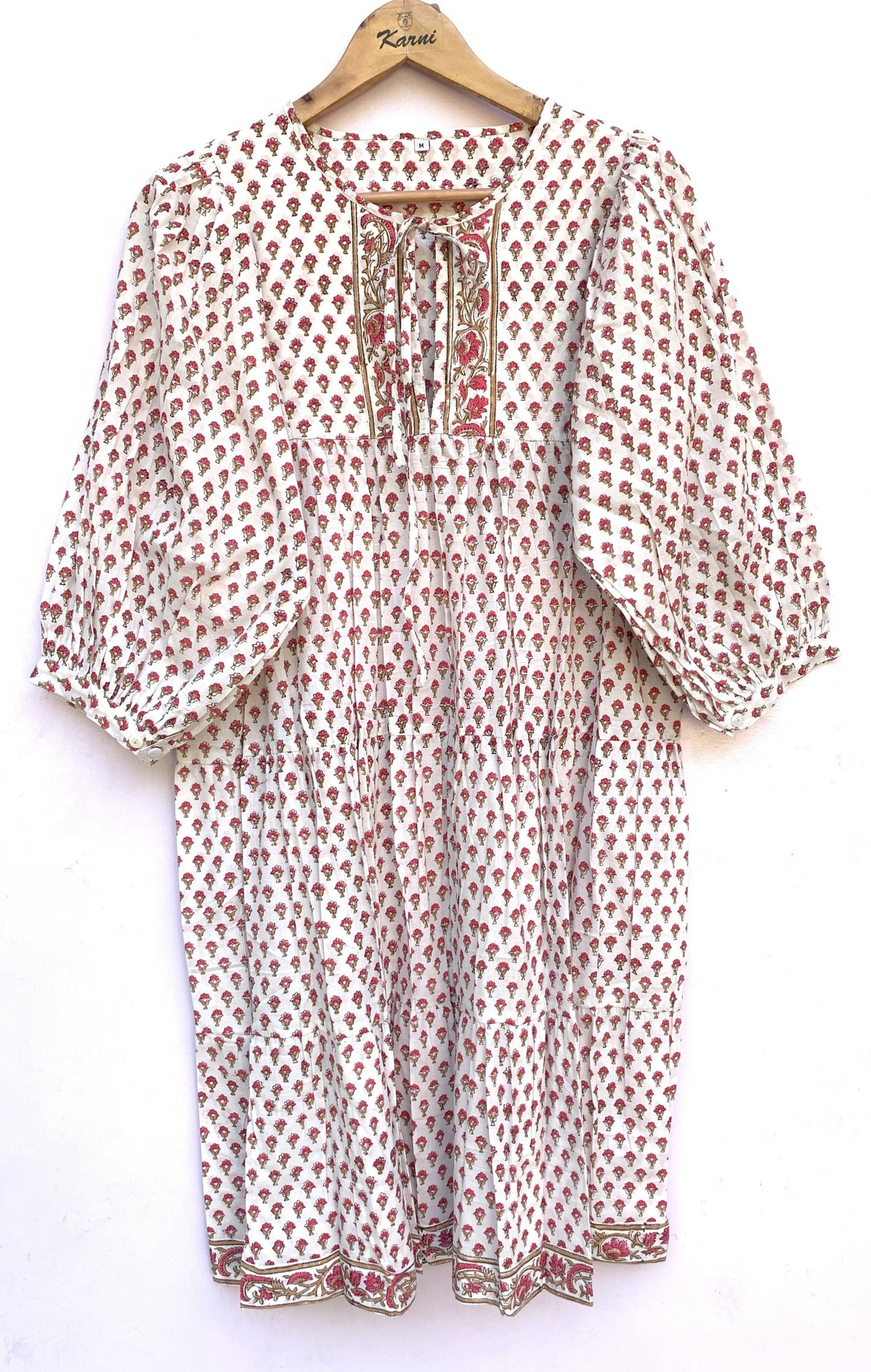 White Red Floral Hand Block Printed Cotton Midi Dress – Boho Indian Tiered Dress
