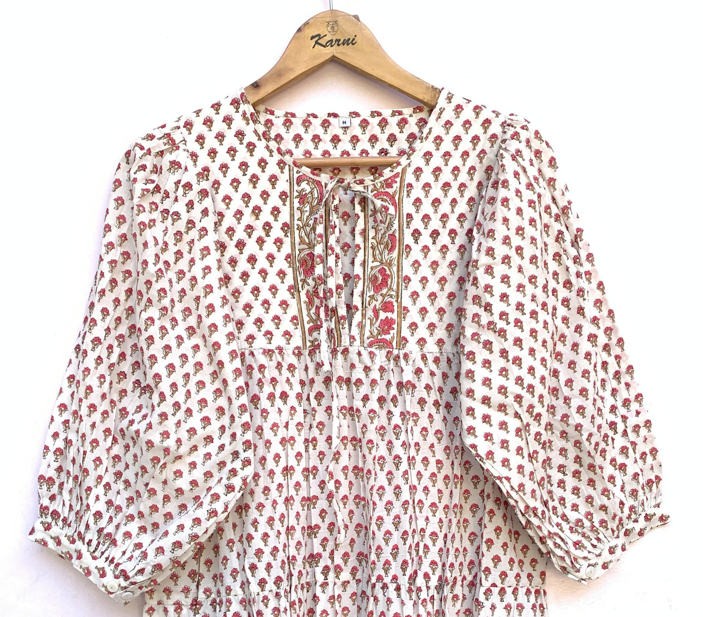 White Red Floral Hand Block Printed Cotton Midi Dress – Boho Indian Tiered Dress
