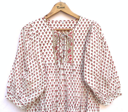 White Red Floral Hand Block Printed Cotton Midi Dress – Boho Indian Tiered Dress