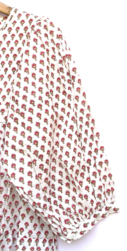 White Red Floral Hand Block Printed Cotton Midi Dress – Boho Indian Tiered Dress