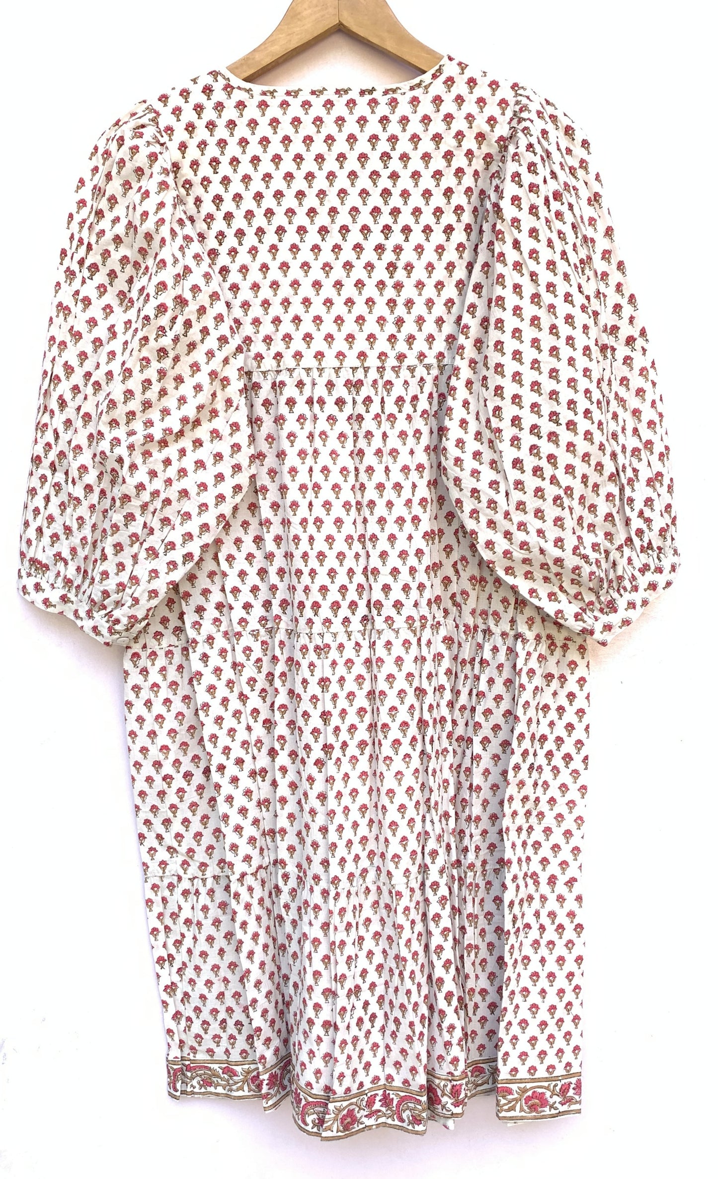 White Red Floral Hand Block Printed Cotton Midi Dress – Boho Indian Tiered Dress