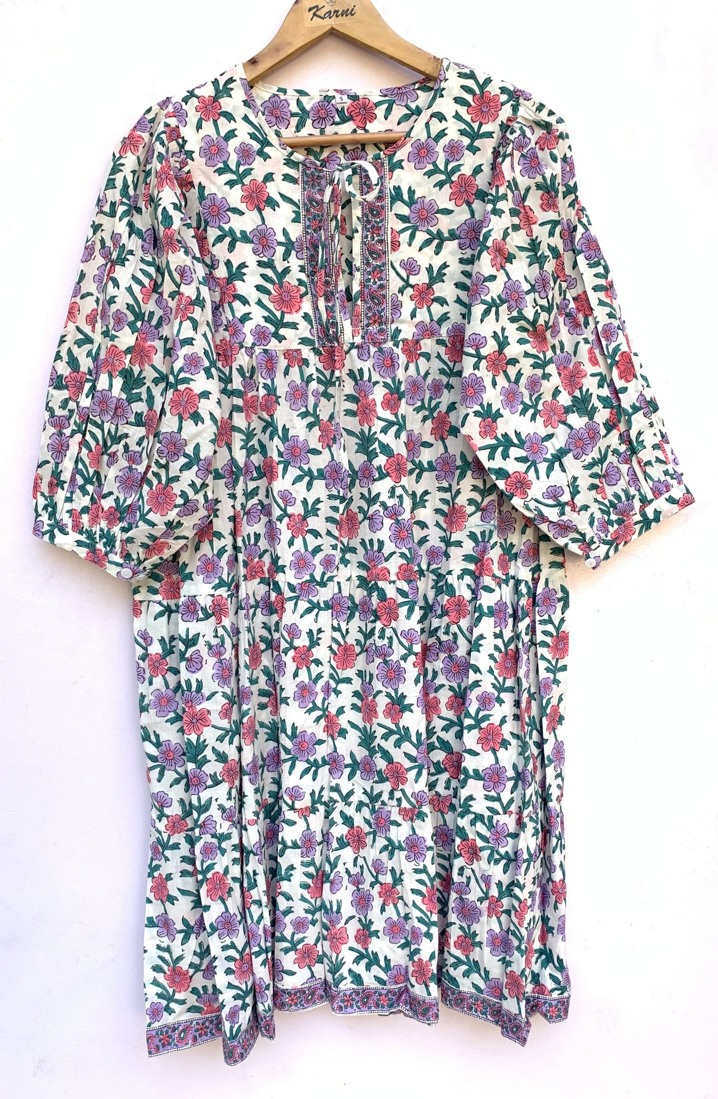 Cream Pink Floral Hand Block Printed Cotton Midi Dress – Boho Indian Summer Dress