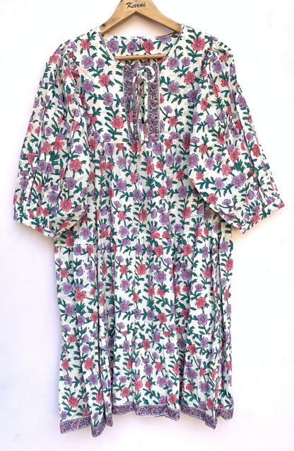 Cream Pink Floral Hand Block Printed Cotton Midi Dress – Boho Indian Summer Dress