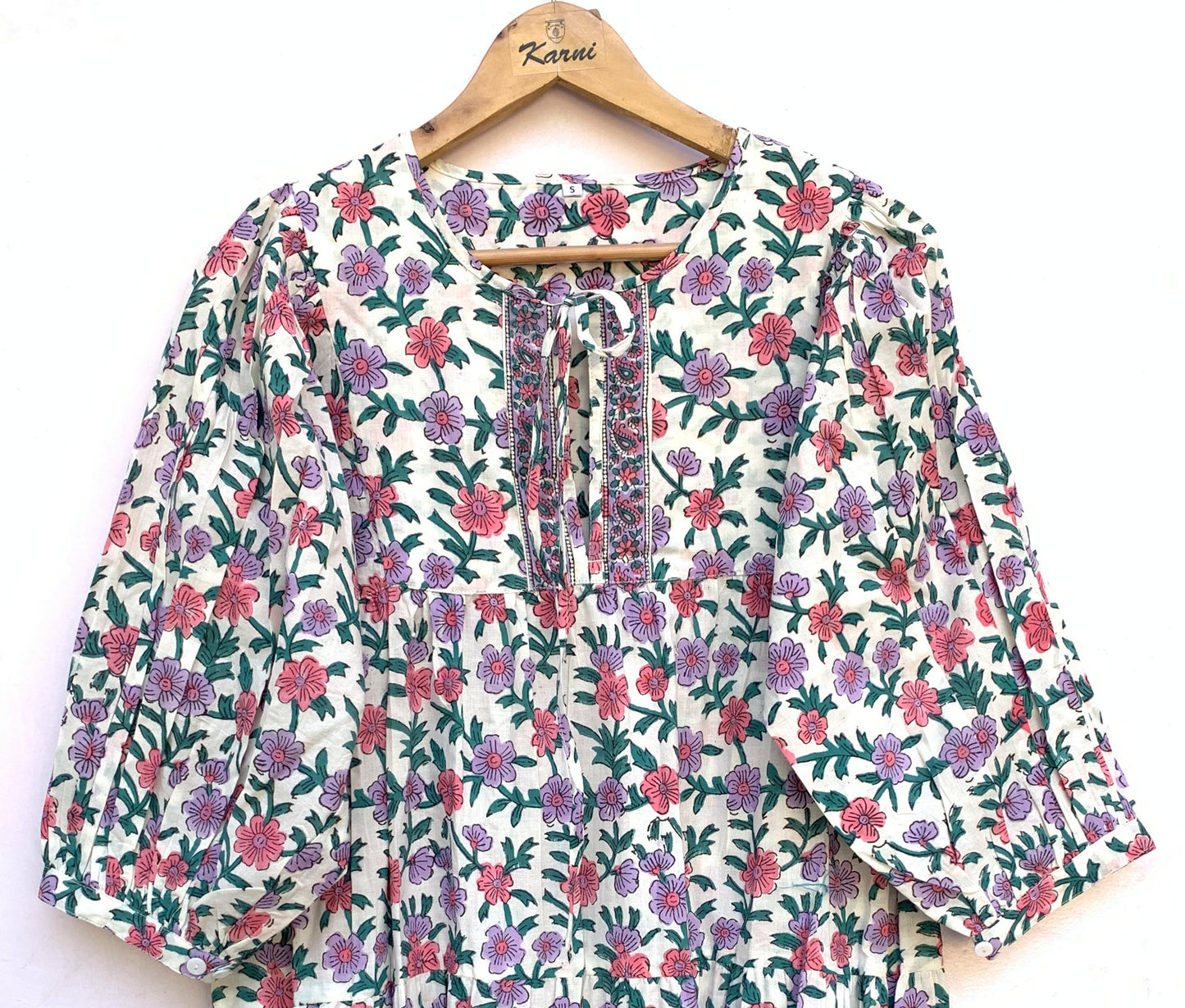 Cream Pink Floral Hand Block Printed Cotton Midi Dress – Boho Indian Summer Dress