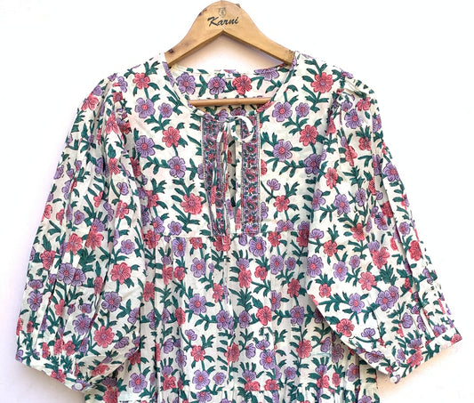 Cream Pink Floral Hand Block Printed Cotton Midi Dress – Boho Indian Summer Dress