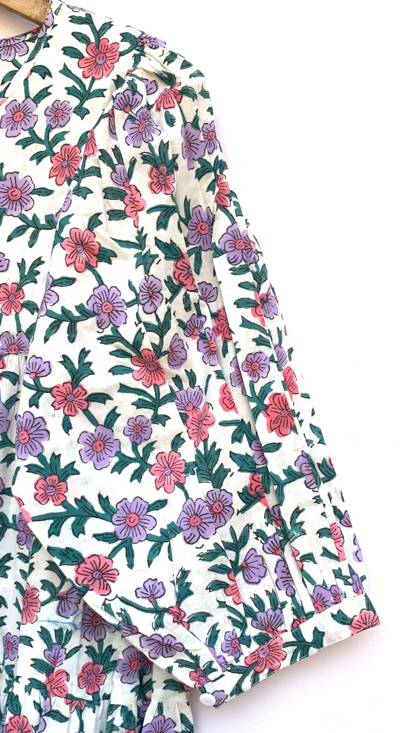 Cream Pink Floral Hand Block Printed Cotton Midi Dress – Boho Indian Summer Dress