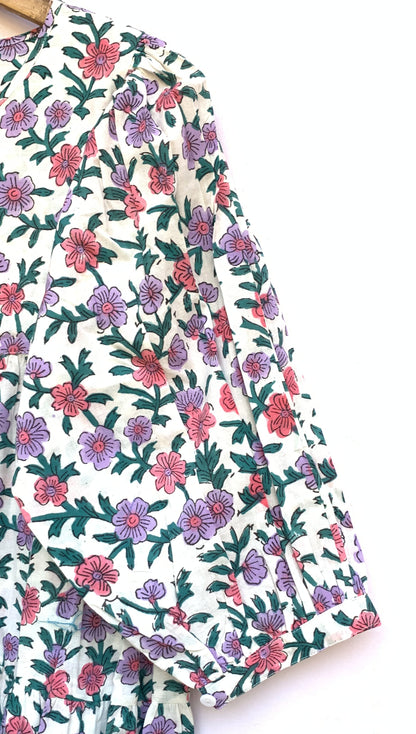 Cream Pink Floral Hand Block Printed Cotton Midi Dress – Boho Indian Summer Dress