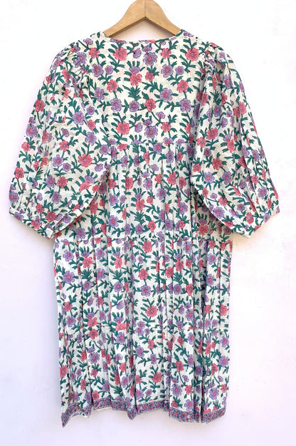 Cream Pink Floral Hand Block Printed Cotton Midi Dress – Boho Indian Summer Dress