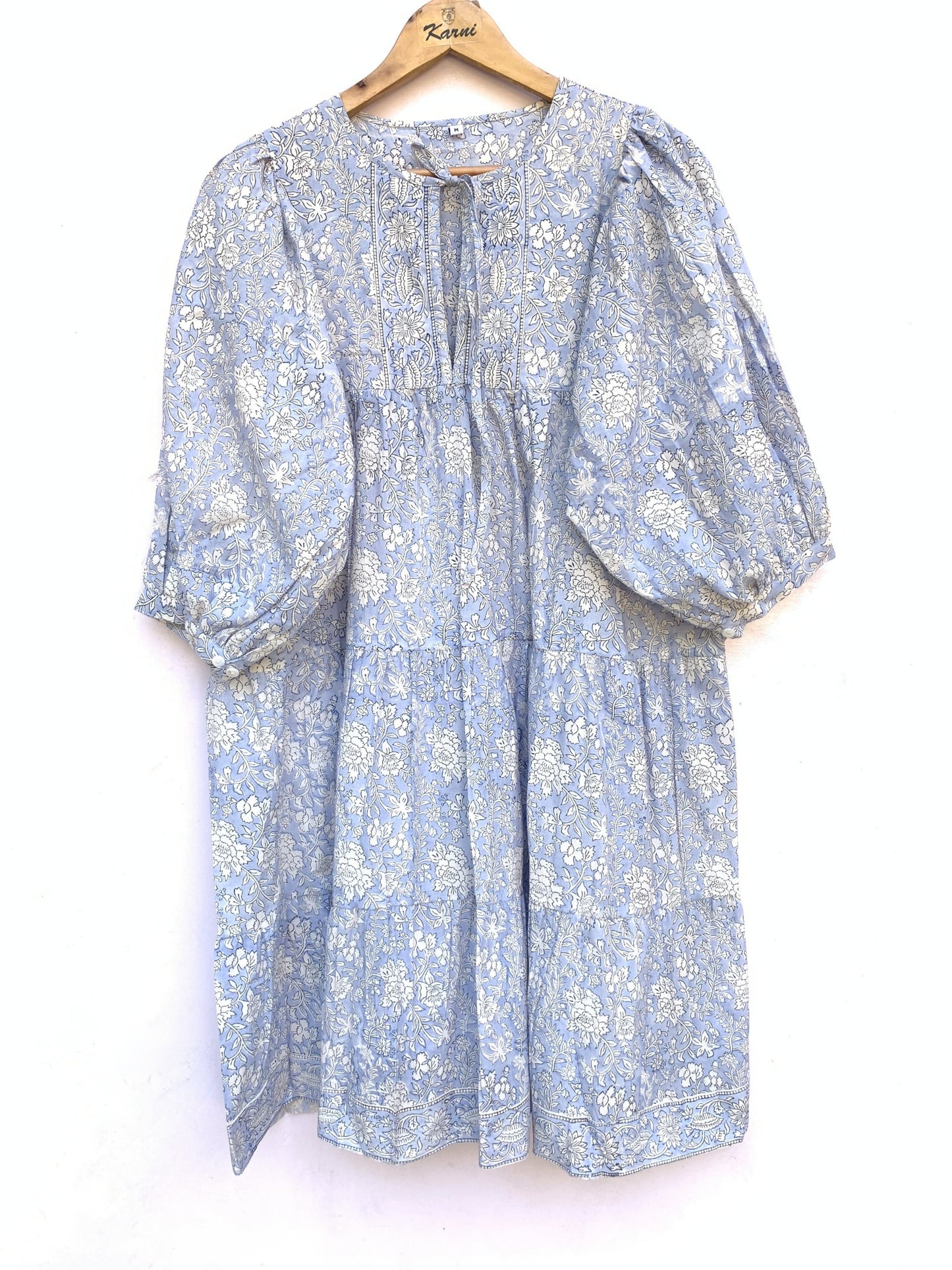 Light Blue Floral Hand Block Printed Cotton Short Dress – Puff Sleeve Boho Summer Dress
