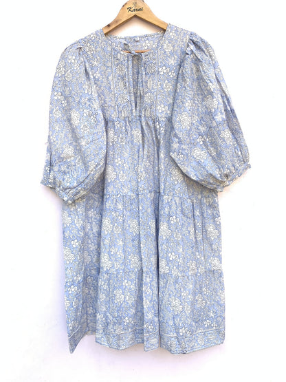 Light Blue Floral Hand Block Printed Cotton Short Dress – Puff Sleeve Boho Summer Dress