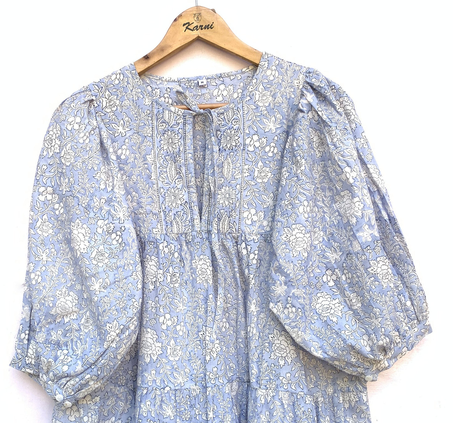 Light Blue Floral Hand Block Printed Cotton Short Dress – Puff Sleeve Boho Summer Dress