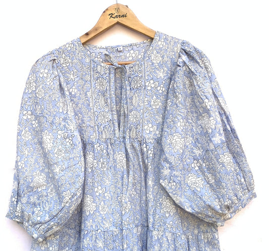 Light Blue Floral Hand Block Printed Cotton Short Dress – Puff Sleeve Boho Summer Dress