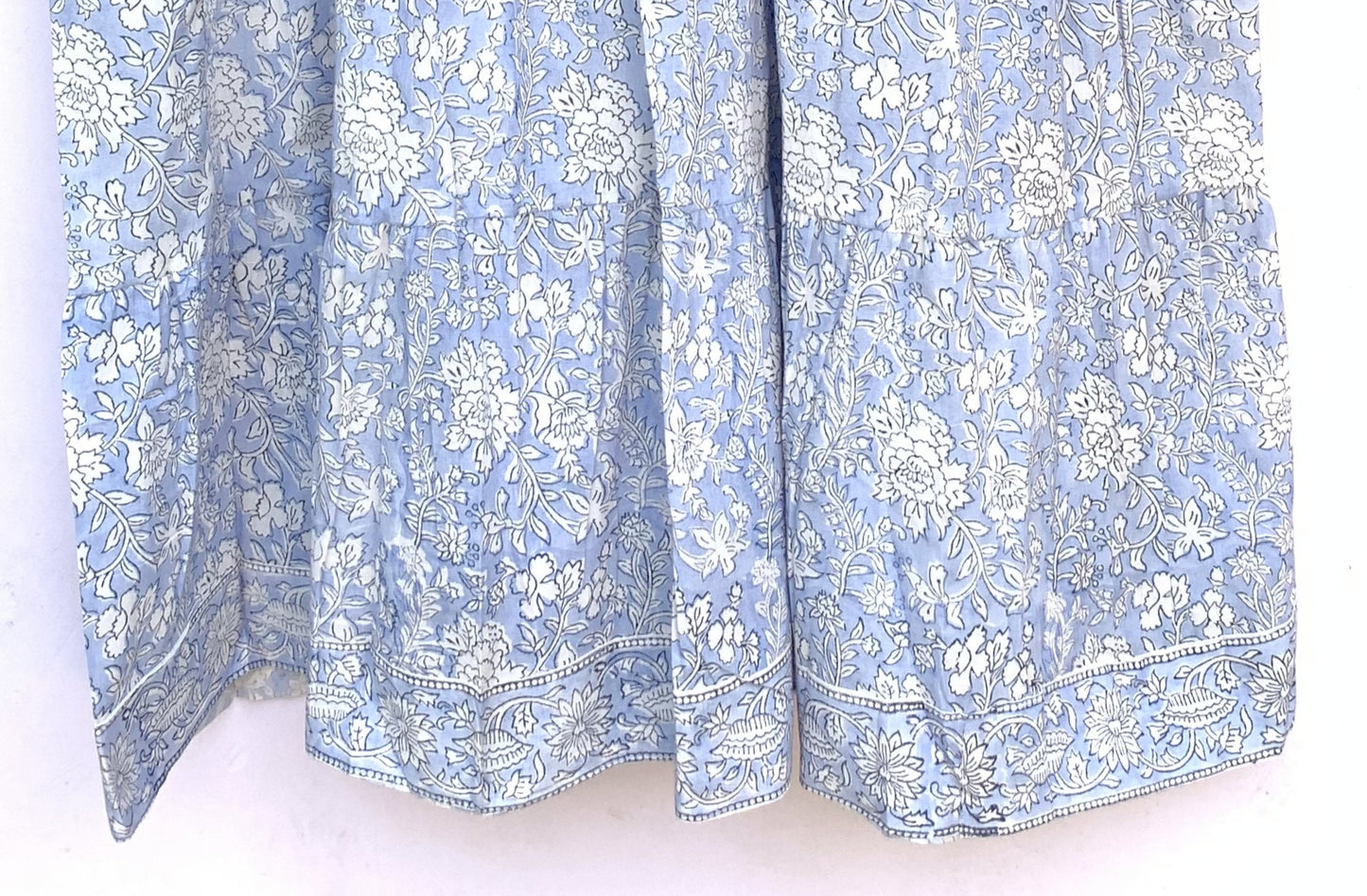 Light Blue Floral Hand Block Printed Cotton Short Dress – Puff Sleeve Boho Summer Dress