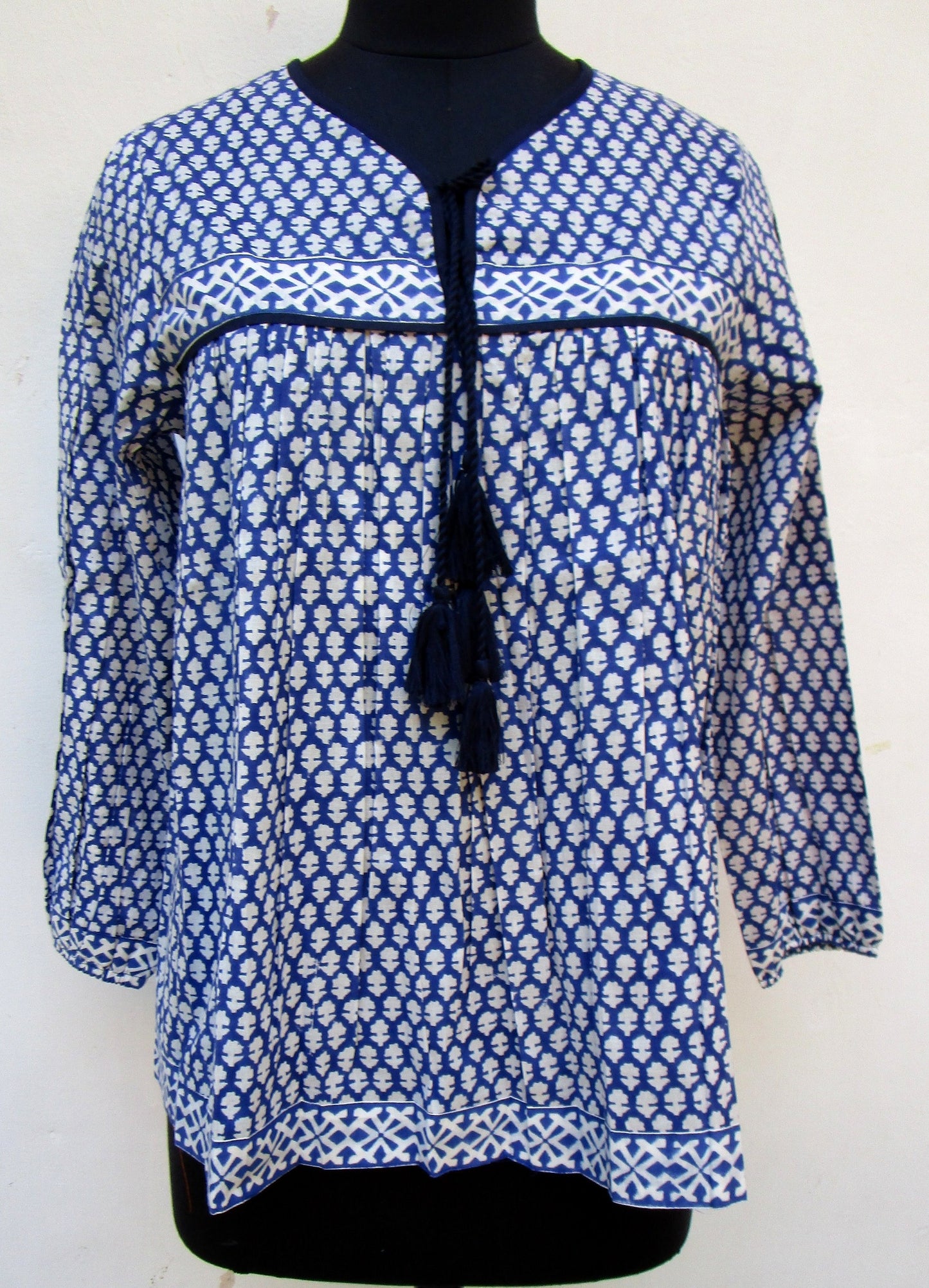 blue and white indian printed blouse for women